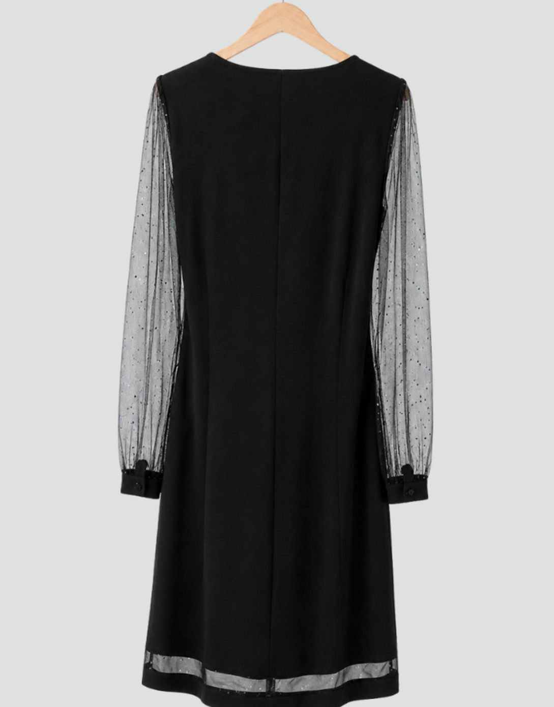 Long sleeve mini dress with sheer glitter mesh sleeves and V-neck - view 5