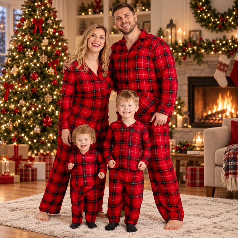Woman in red plaid two-piece Christmas pajamas with button-front top