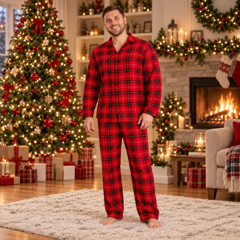 Woman in red plaid two-piece Christmas pajamas with button-front top - view 2