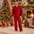 Woman in red plaid two-piece Christmas pajamas with button-front top - view 2