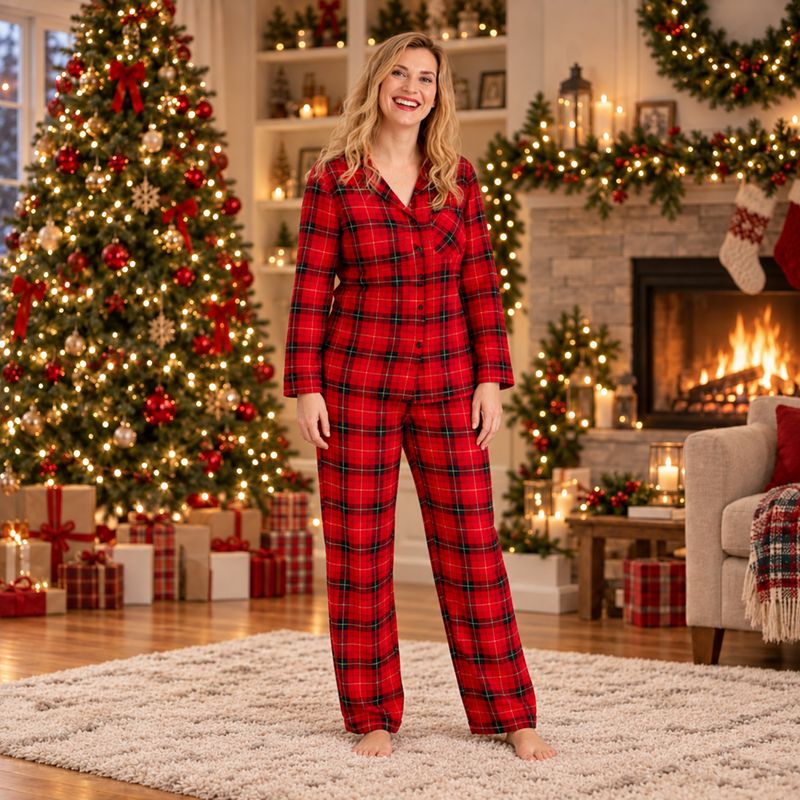 Woman in red plaid two-piece Christmas pajamas with button-front top - view 3