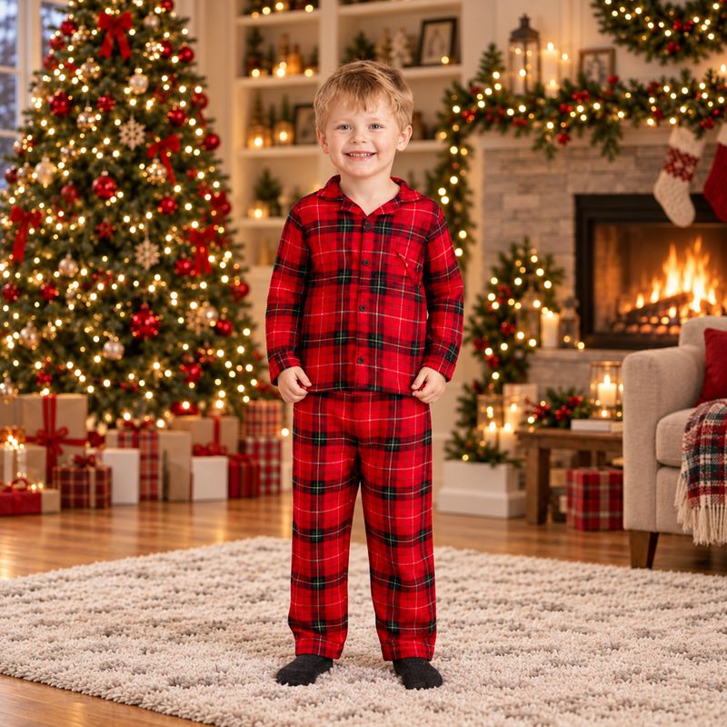 Woman in red plaid two-piece Christmas pajamas with button-front top - view 4