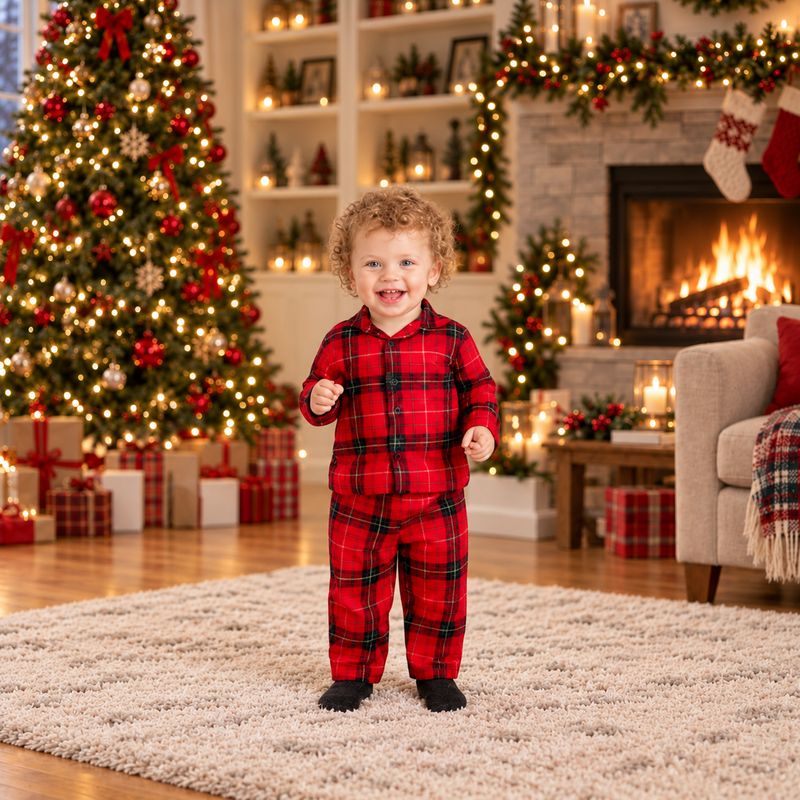 Woman in red plaid two-piece Christmas pajamas with button-front top - view 5