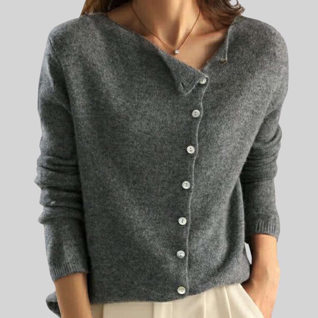 Esme Asymmetric Neck Button Cardigan - front view