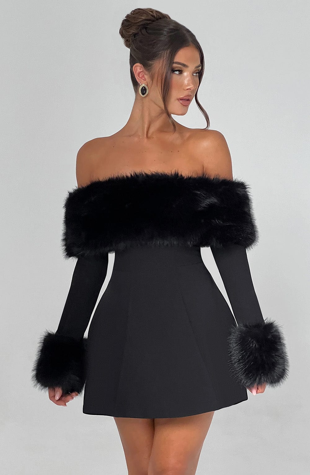 Long sleeve black mini dress with faux fur trim neckline and cuffs - view 10