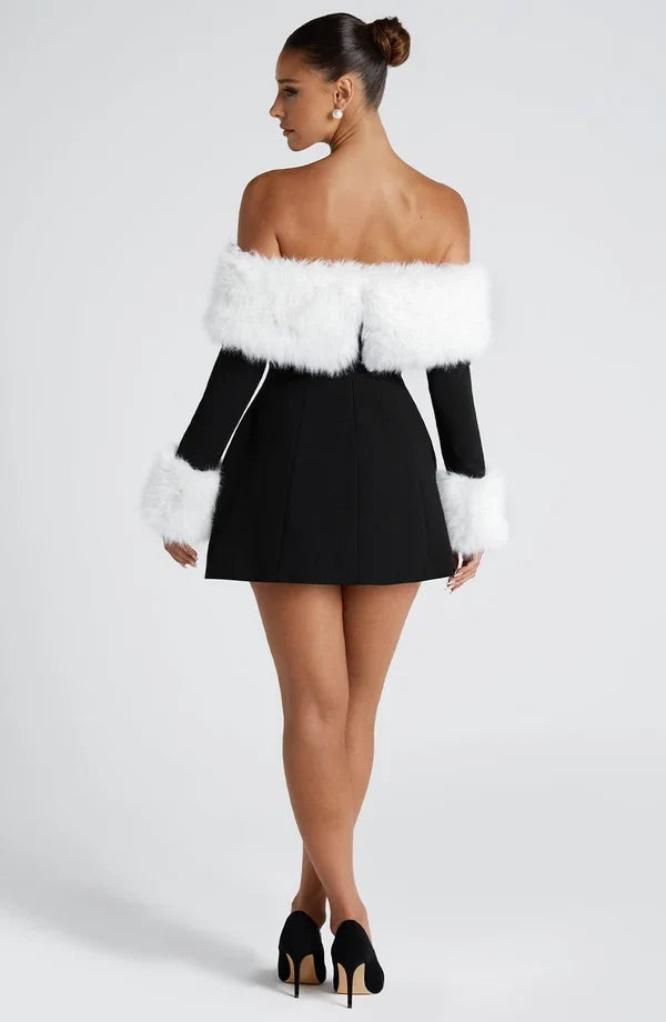 Long sleeve black mini dress with faux fur trim neckline and cuffs - view 11