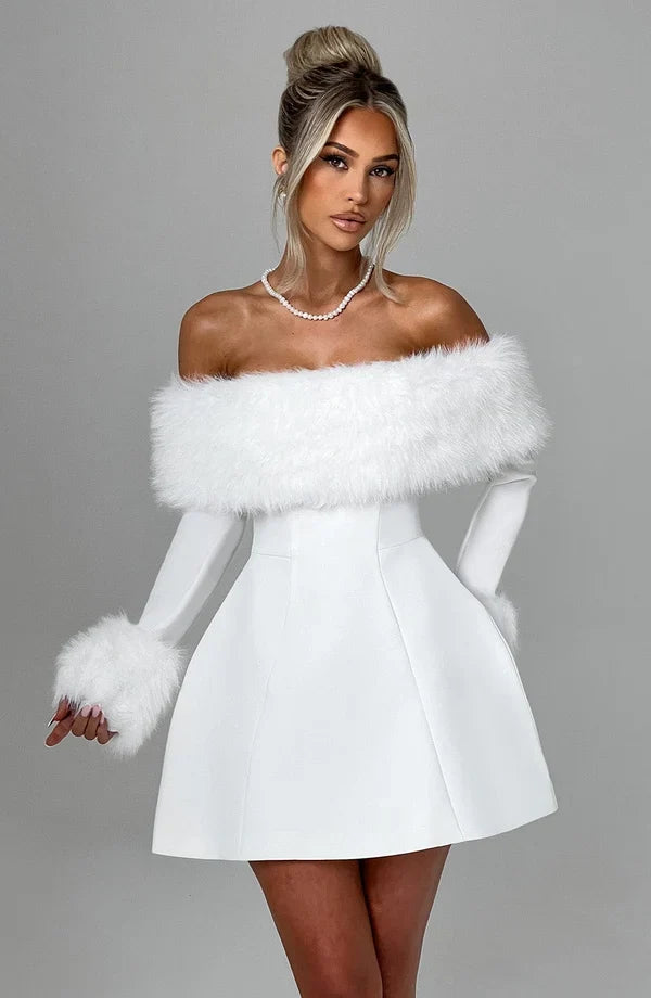Long sleeve black mini dress with faux fur trim neckline and cuffs - view 13