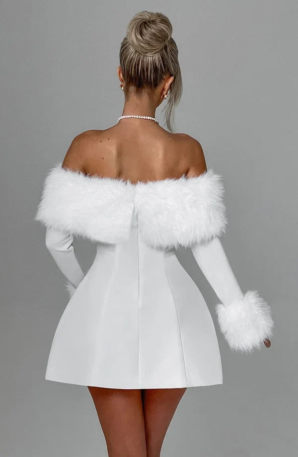 Long sleeve black mini dress with faux fur trim neckline and cuffs - view 14