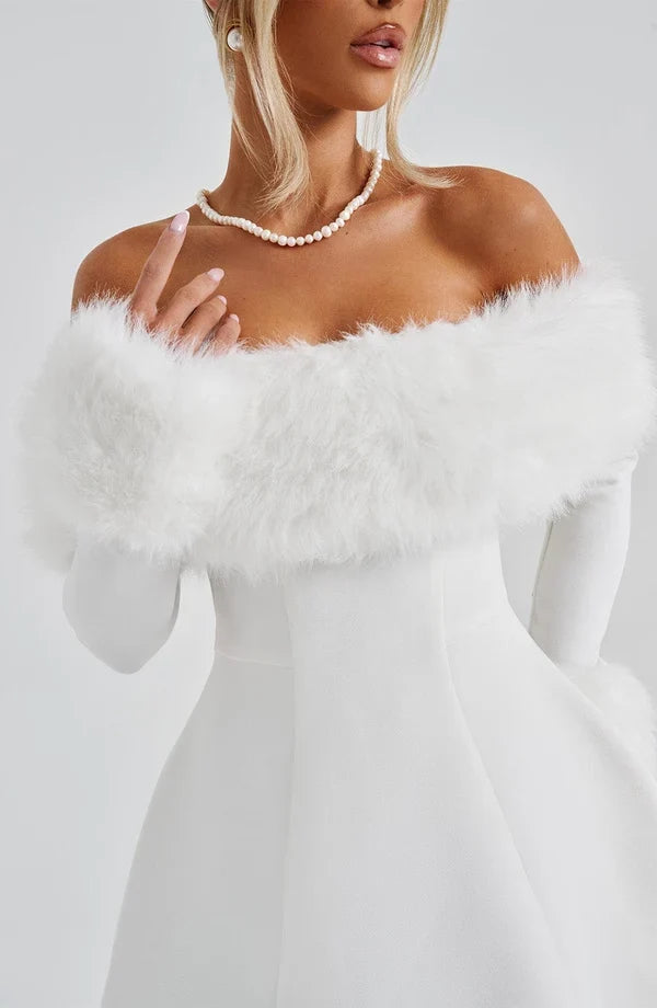 Long sleeve black mini dress with faux fur trim neckline and cuffs - view 15