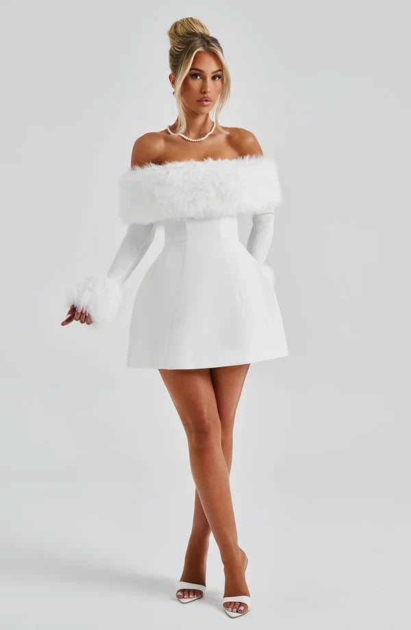 Long sleeve black mini dress with faux fur trim neckline and cuffs - view 16