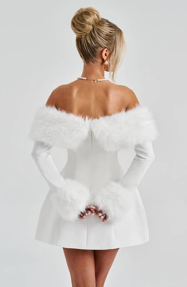 Long sleeve black mini dress with faux fur trim neckline and cuffs - view 18