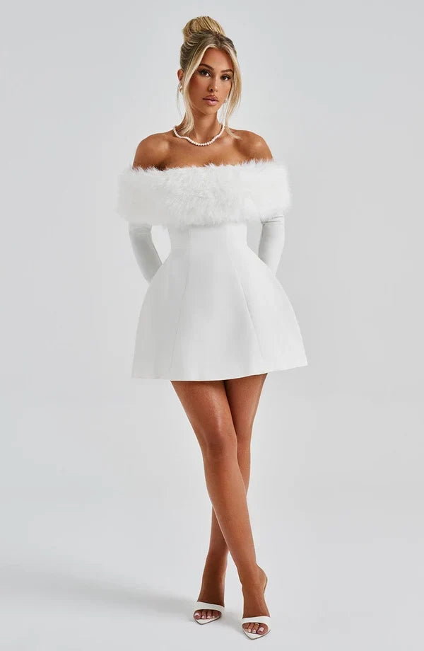 Long sleeve black mini dress with faux fur trim neckline and cuffs - view 19