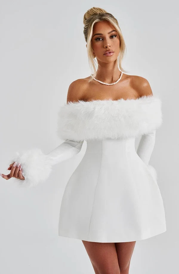 Long sleeve black mini dress with faux fur trim neckline and cuffs - view 20