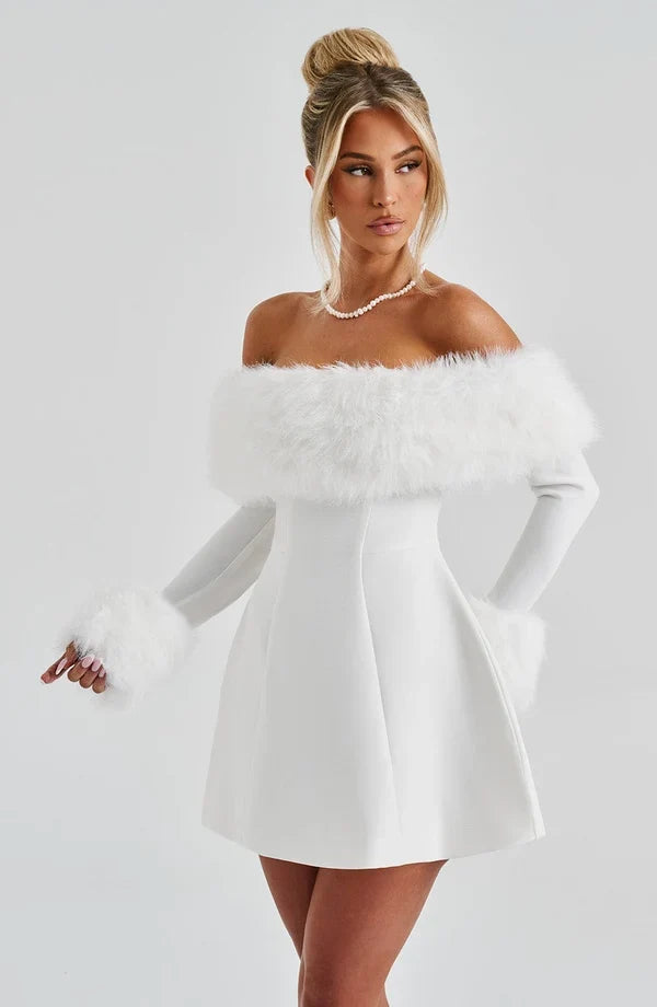 Long sleeve black mini dress with faux fur trim neckline and cuffs - view 21