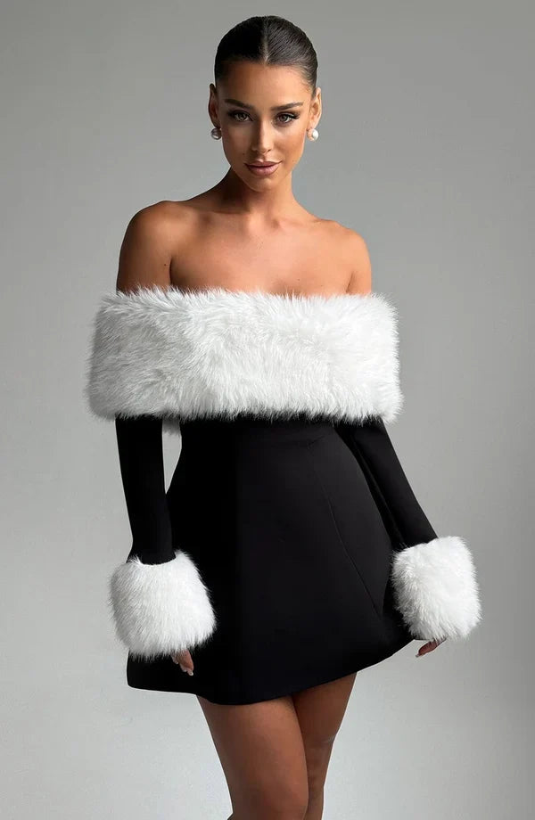Long sleeve black mini dress with faux fur trim neckline and cuffs - view 22