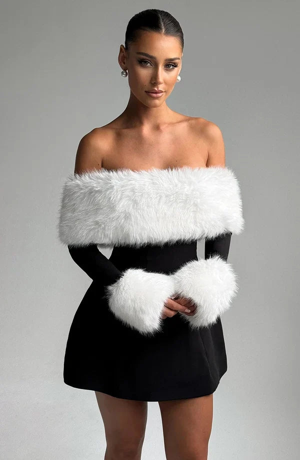 Long sleeve black mini dress with faux fur trim neckline and cuffs - view 23