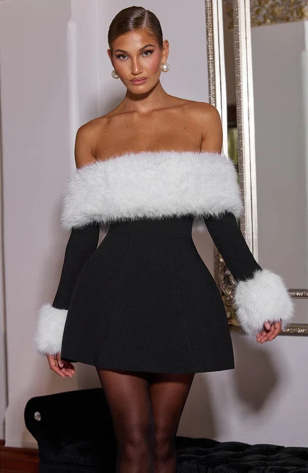 Long sleeve black mini dress with faux fur trim neckline and cuffs - view 25