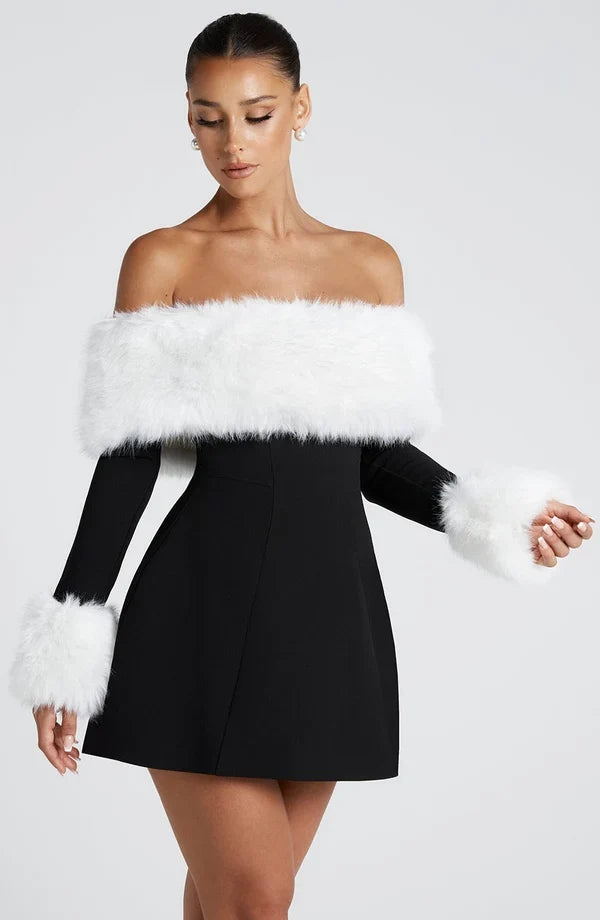 Long sleeve black mini dress with faux fur trim neckline and cuffs - view 28