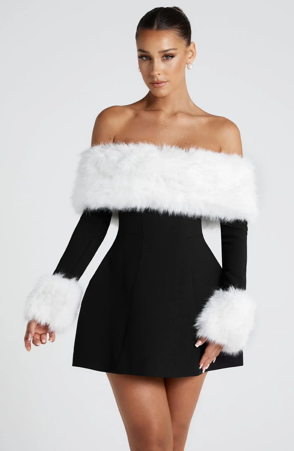 Long sleeve black mini dress with faux fur trim neckline and cuffs - view 29