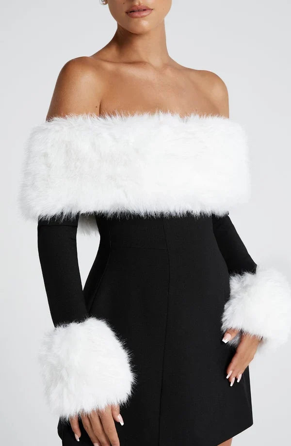 Long sleeve black mini dress with faux fur trim neckline and cuffs - view 30