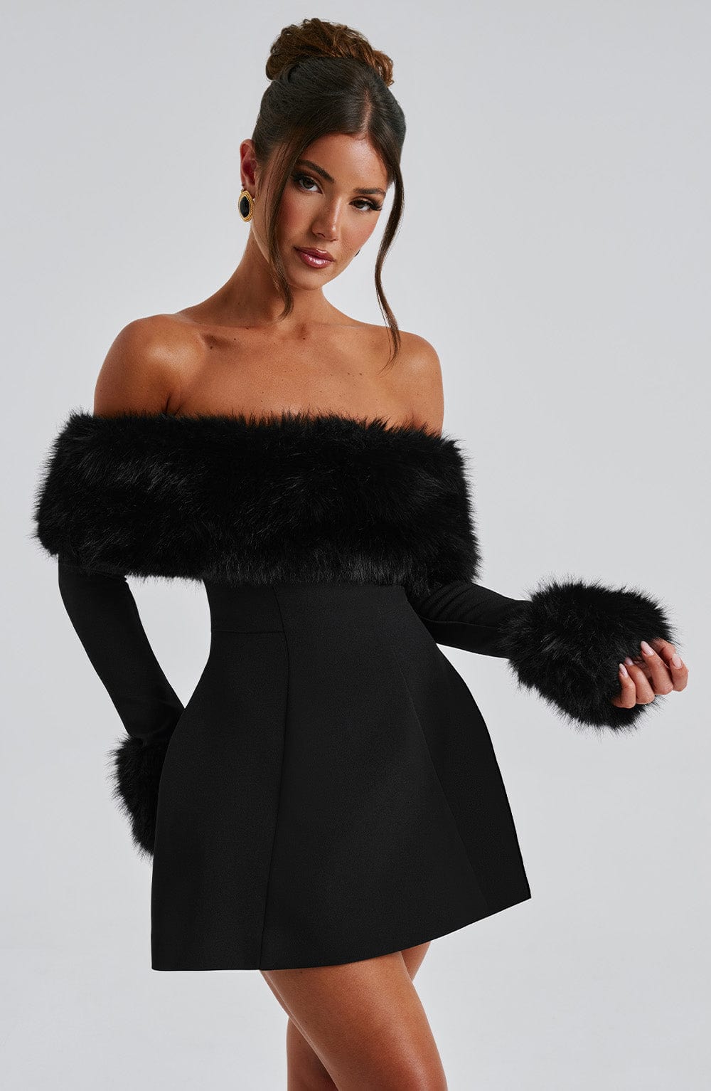 Long sleeve black mini dress with faux fur trim neckline and cuffs - view 4