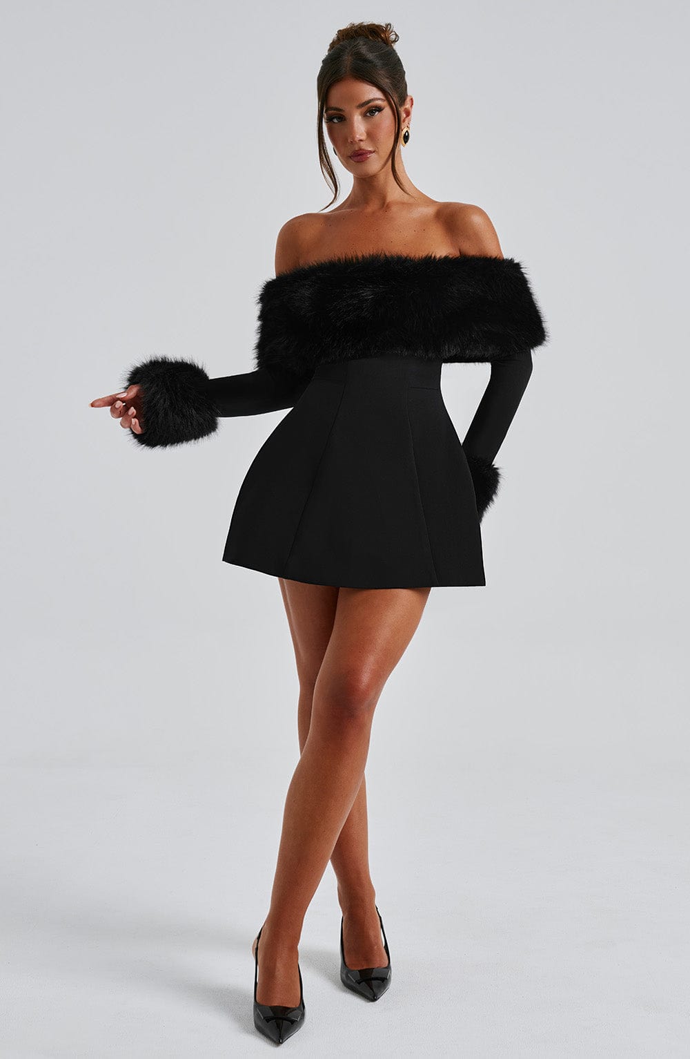 Long sleeve black mini dress with faux fur trim neckline and cuffs - view 5