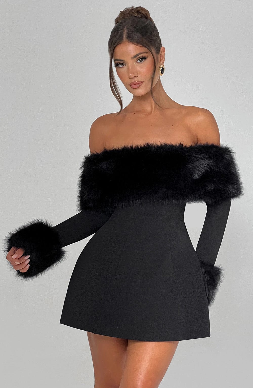 Long sleeve black mini dress with faux fur trim neckline and cuffs - view 6