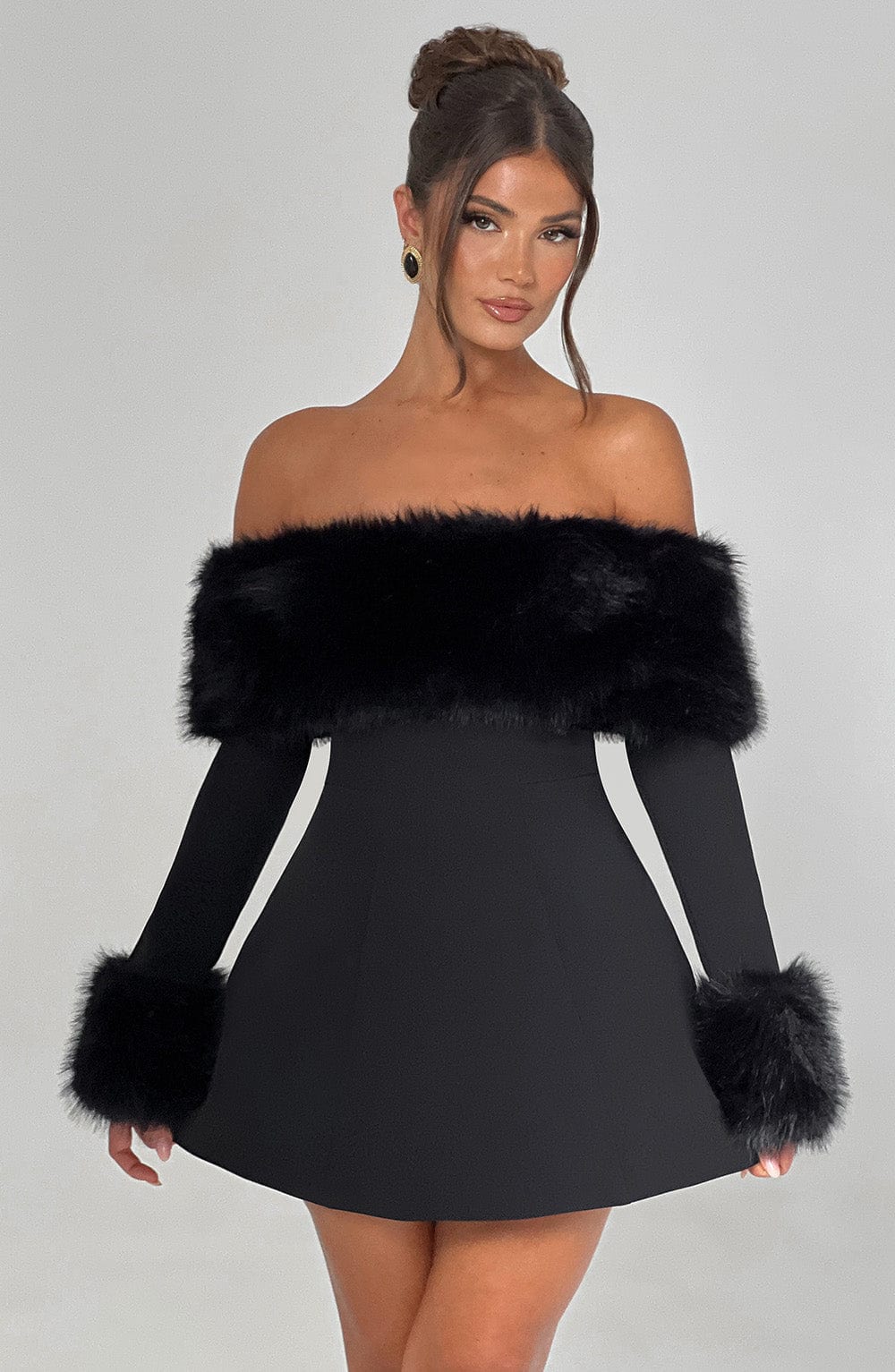 Long sleeve black mini dress with faux fur trim neckline and cuffs - view 7