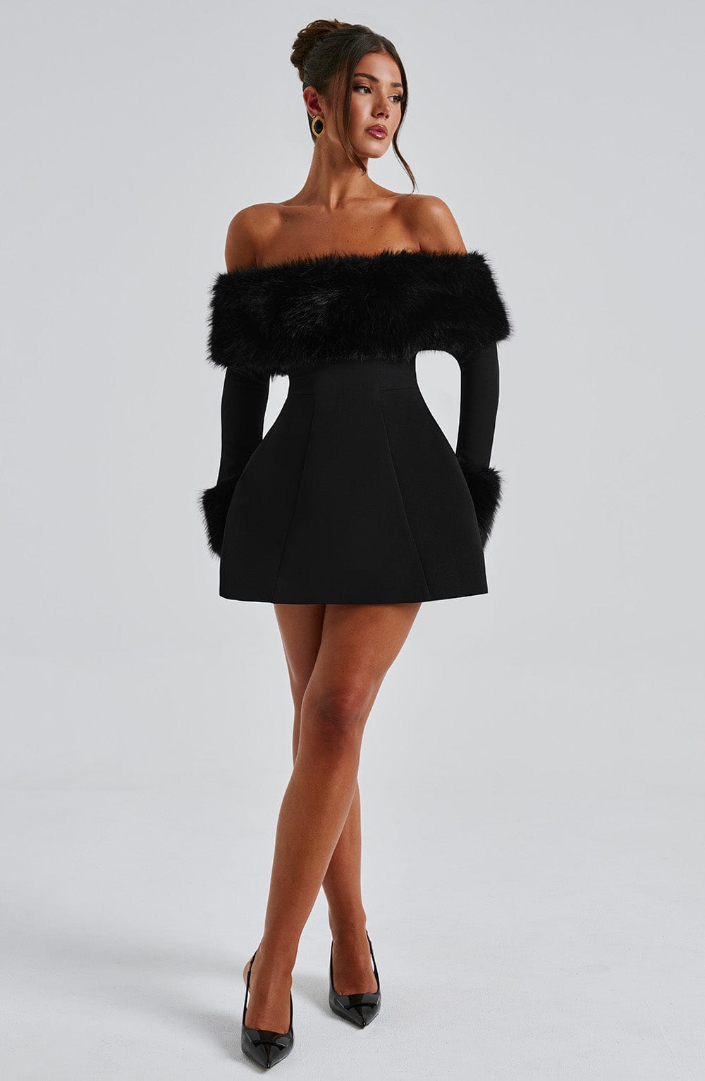 Long sleeve black mini dress with faux fur trim neckline and cuffs - view 9