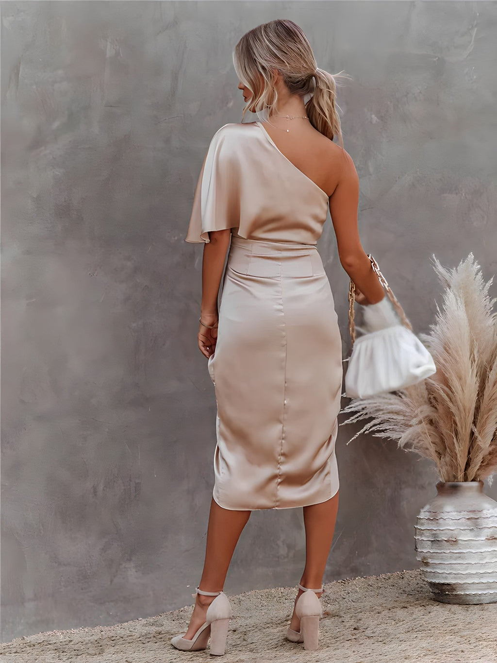Estelle one shoulder satin midi party dress with flutter sleeve, ruched waist and front slit - view 12