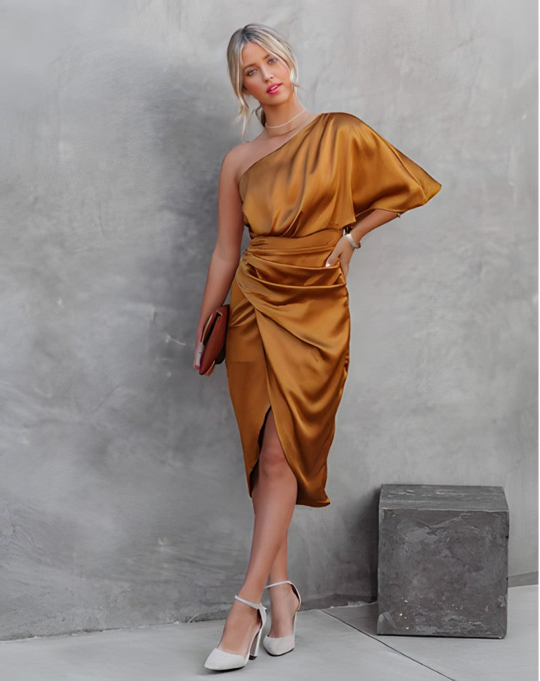 Estelle one shoulder satin midi party dress with flutter sleeve, ruched waist and front slit - view 17