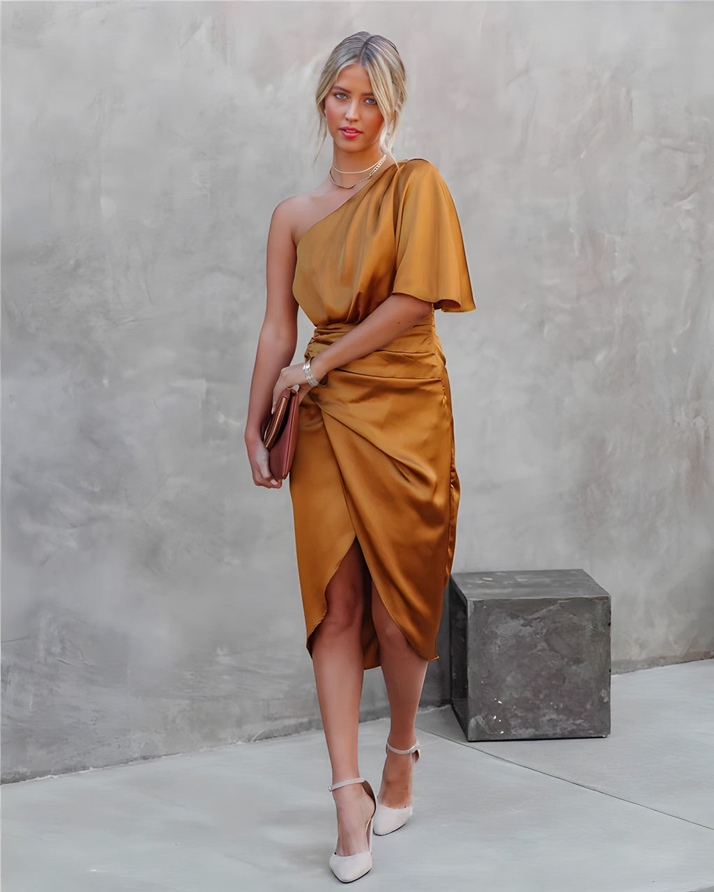 Estelle one shoulder satin midi party dress with flutter sleeve, ruched waist and front slit - view 18
