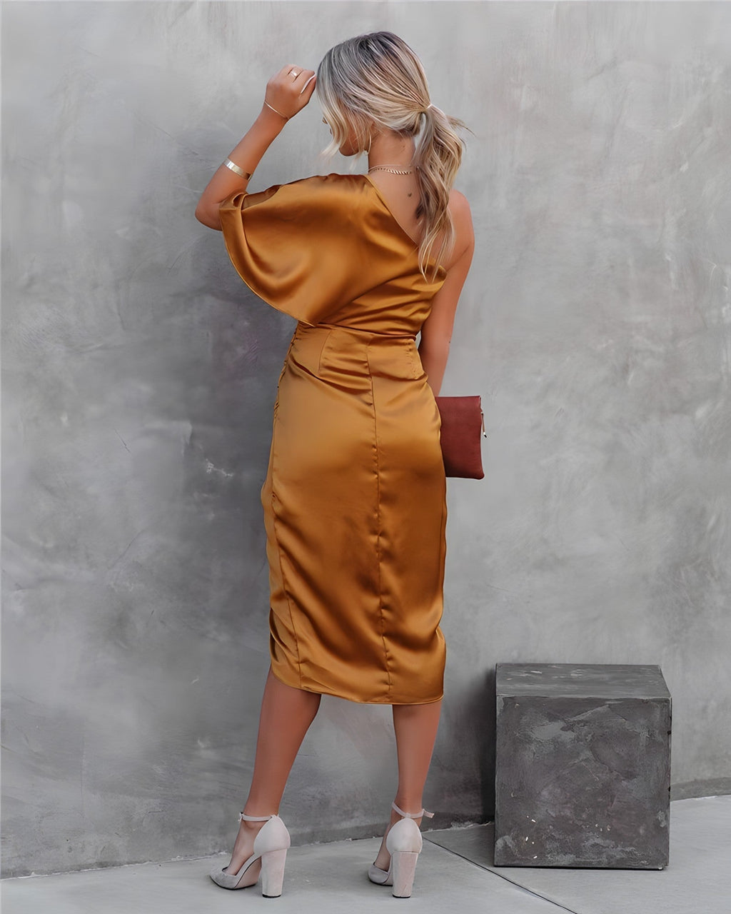 Estelle one shoulder satin midi party dress with flutter sleeve, ruched waist and front slit - view 19