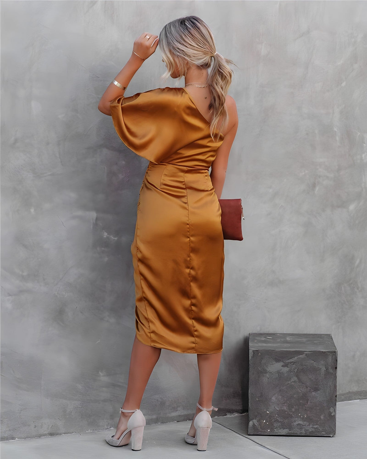 Estelle one shoulder satin midi party dress with flutter sleeve, ruched waist and front slit - view 19