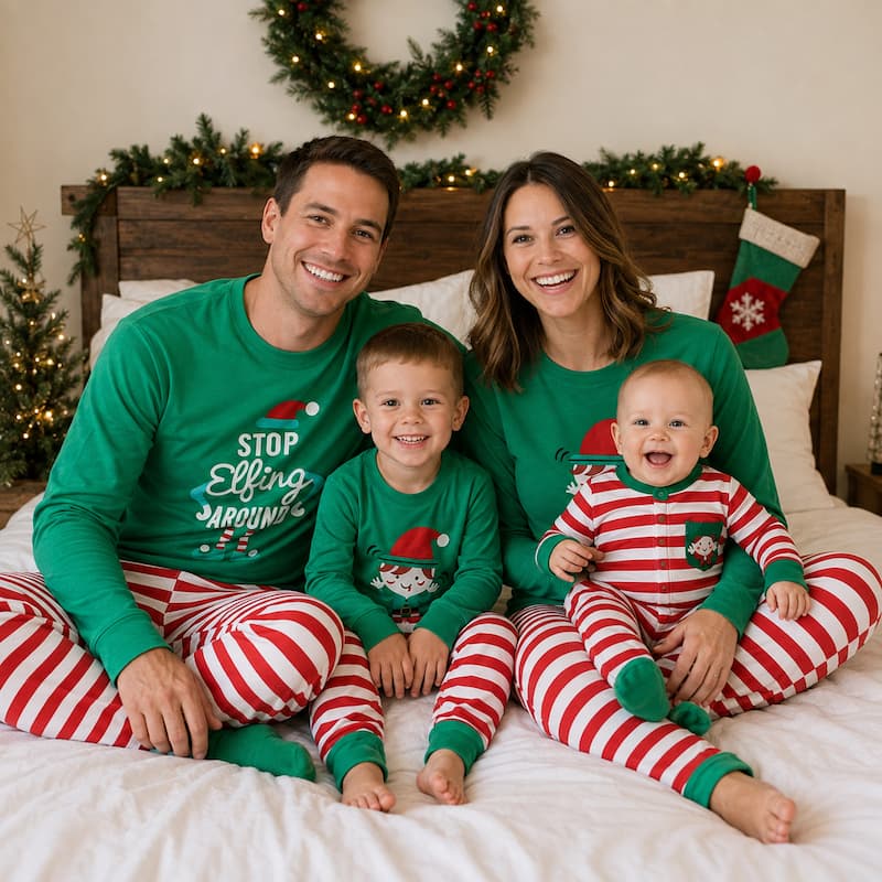 Family holiday pajamas with green elf print tops and red and white striped pants