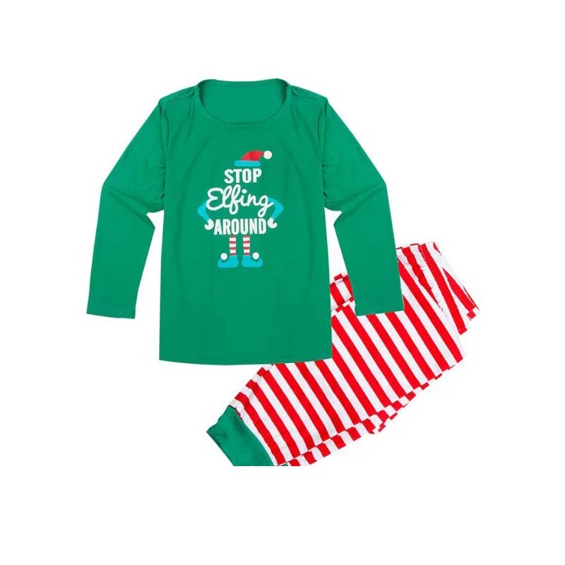 Family holiday pajamas with green elf print tops and red and white striped pants - view 10