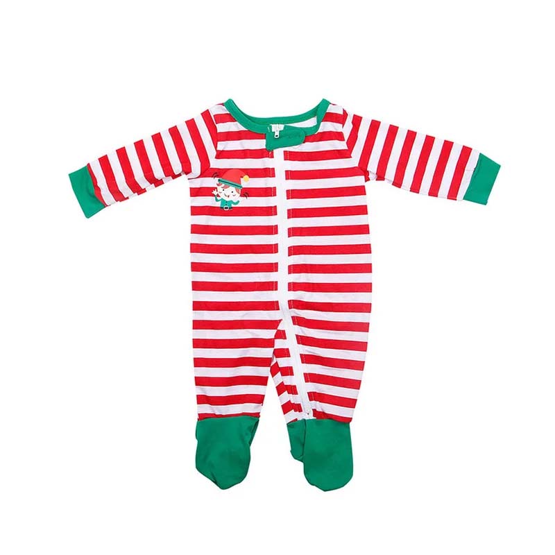 Family holiday pajamas with green elf print tops and red and white striped pants - view 11