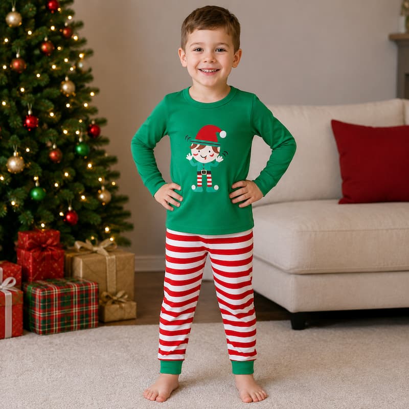 Family holiday pajamas with green elf print tops and red and white striped pants - view 5