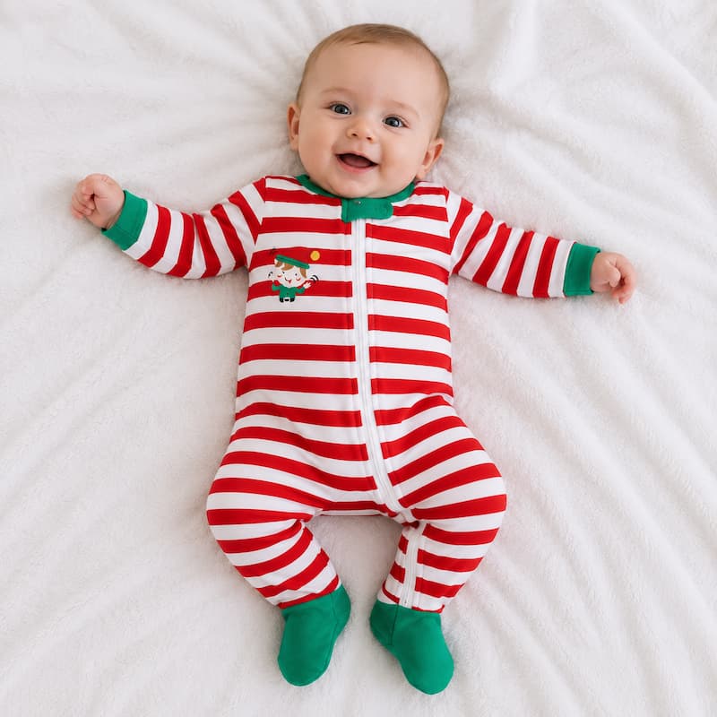 Family holiday pajamas with green elf print tops and red and white striped pants - view 6