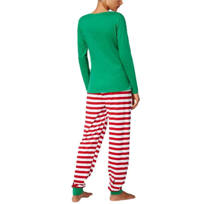 Family holiday pajamas with green elf print tops and red and white striped pants - view 8