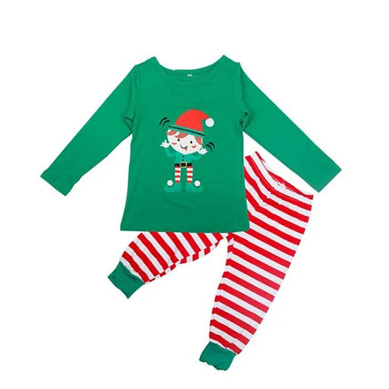 Family holiday pajamas with green elf print tops and red and white striped pants - view 9