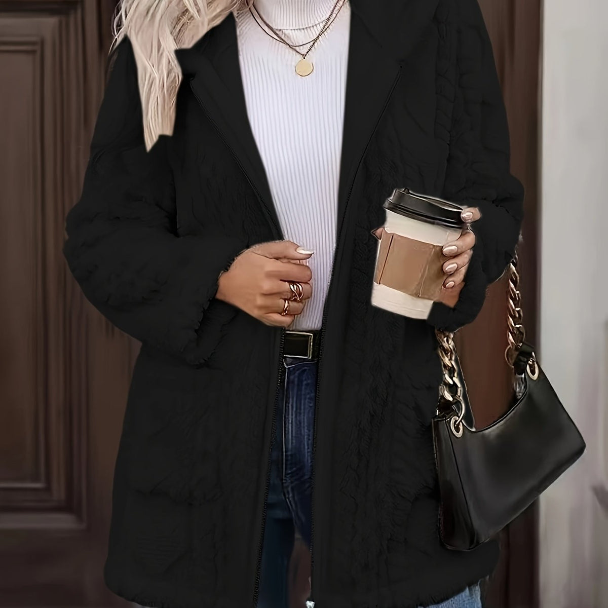 Hazel | Plush Zip Up Hooded Mid Length Coat - view 12