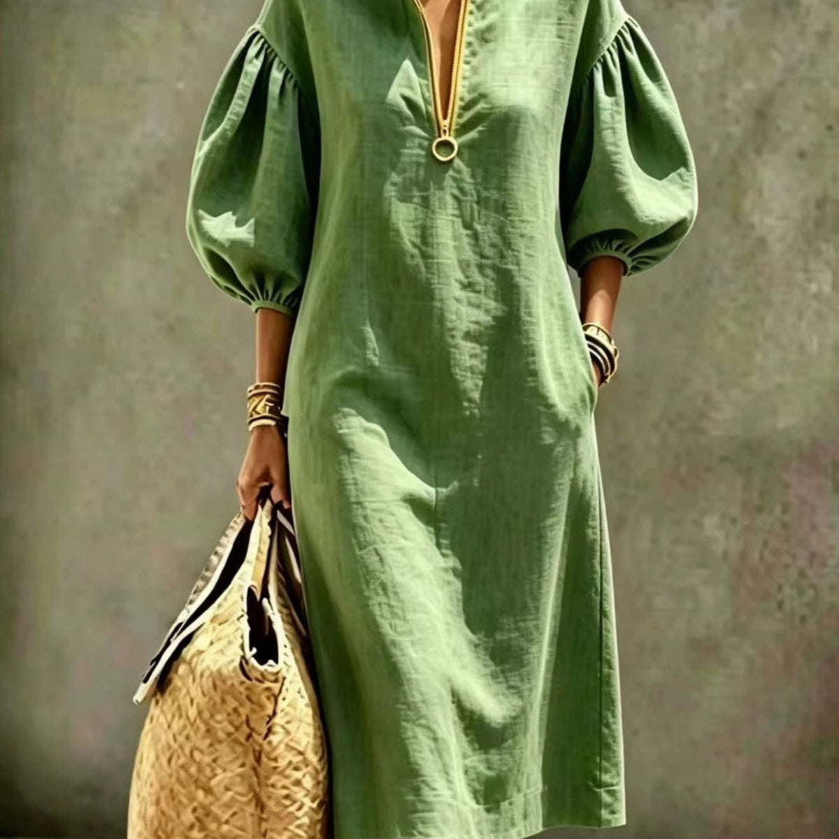 Palmer | Stand Collar Half-Zip Puff Sleeve Midi Dress