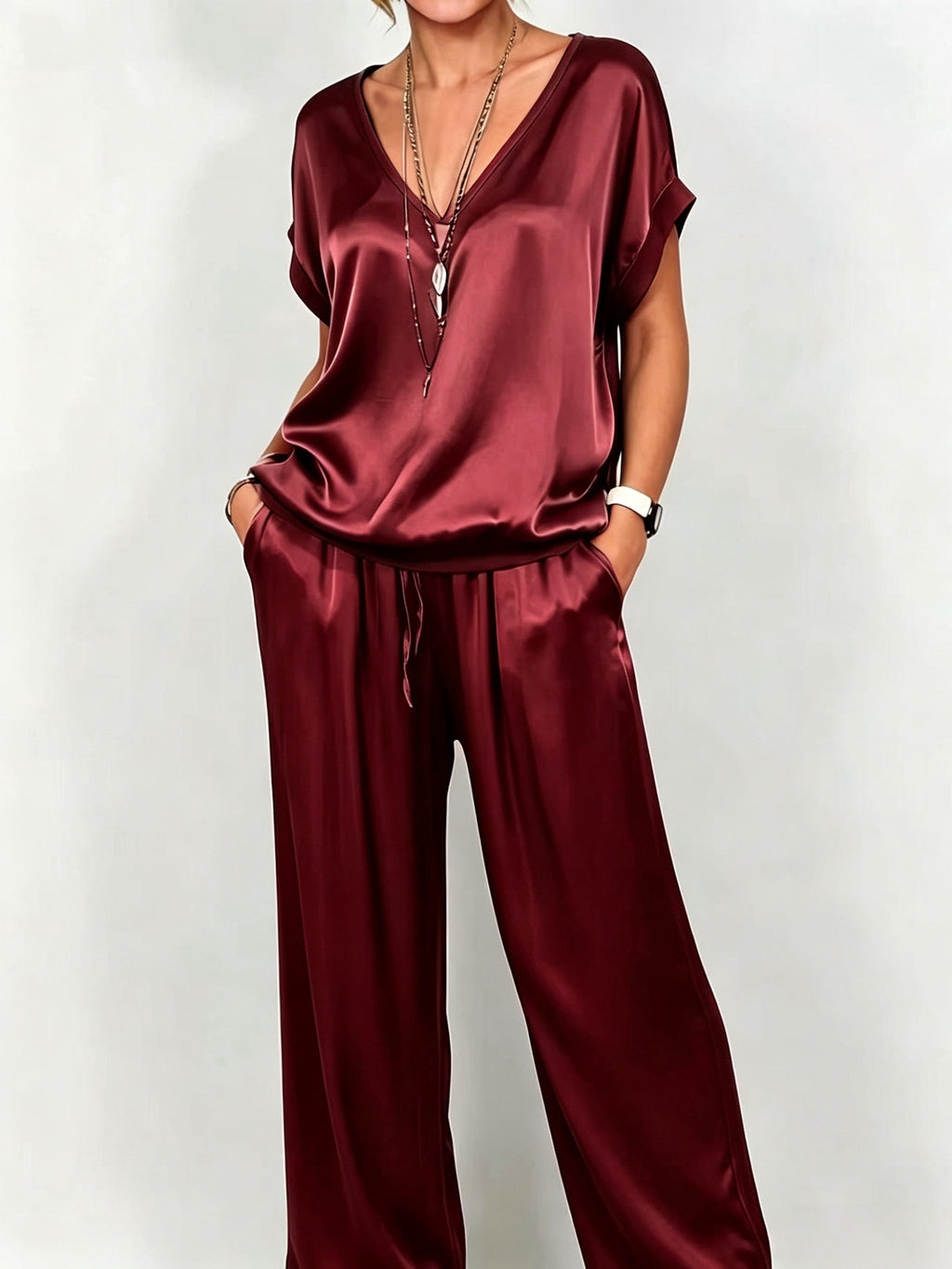 Wren | Satin V-Neck Top and Wide-Leg Pants Set