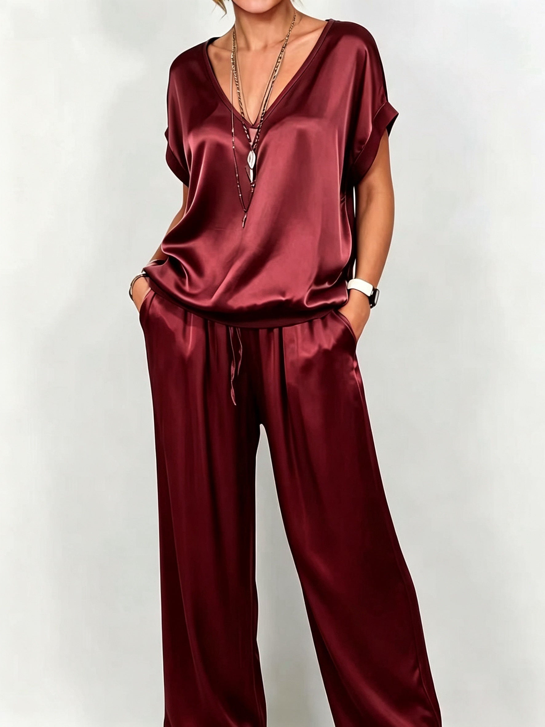 Wren | Satin V-Neck Top and Wide-Leg Pants Set