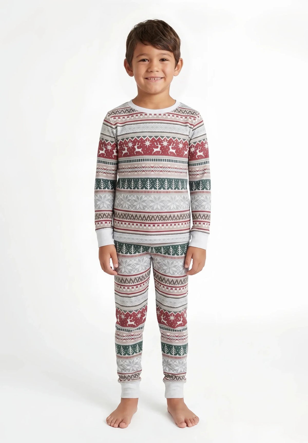 Matching family Christmas pajamas with red, green and gray fair isle reindeer print and white cuffs - view 12