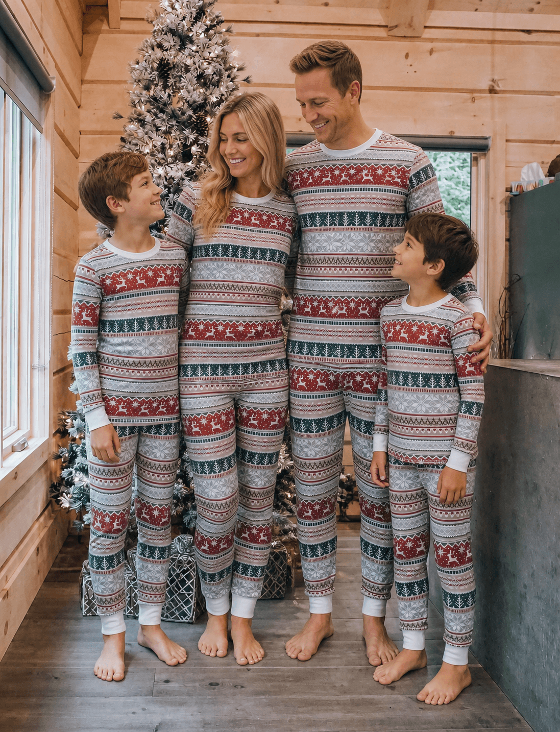 Matching family Christmas pajamas with red, green and gray fair isle reindeer print and white cuffs - view 2