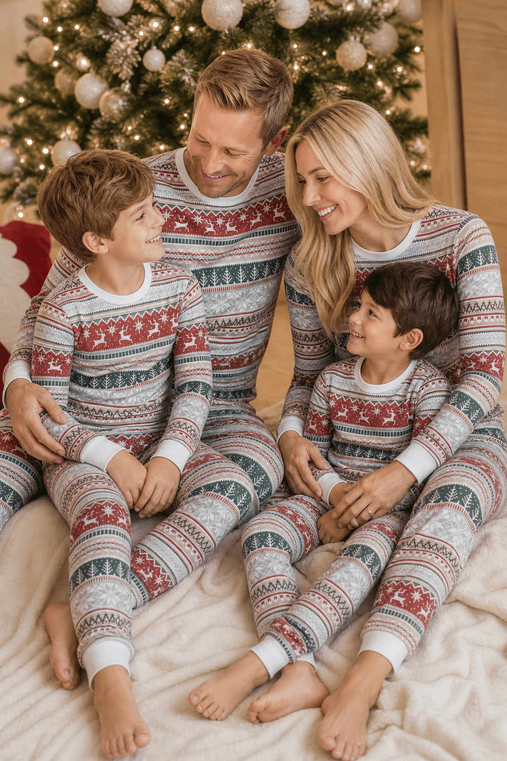 Matching family Christmas pajamas with red, green and gray fair isle reindeer print and white cuffs - view 3