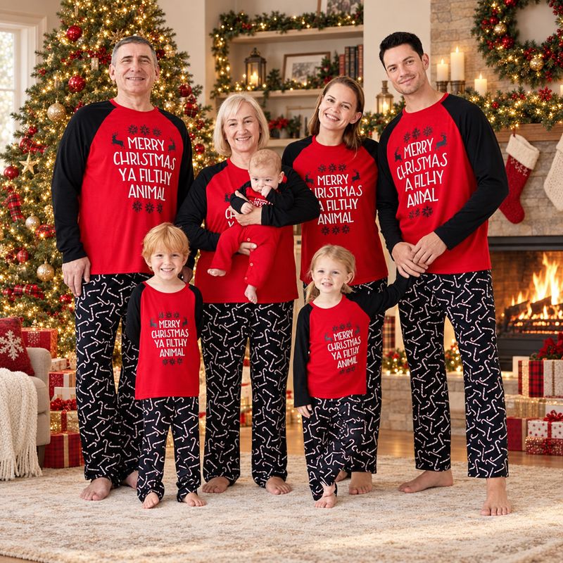 Holiday pajamas family set with red raglan slogan tee and black candy cane pajama pants - view 2