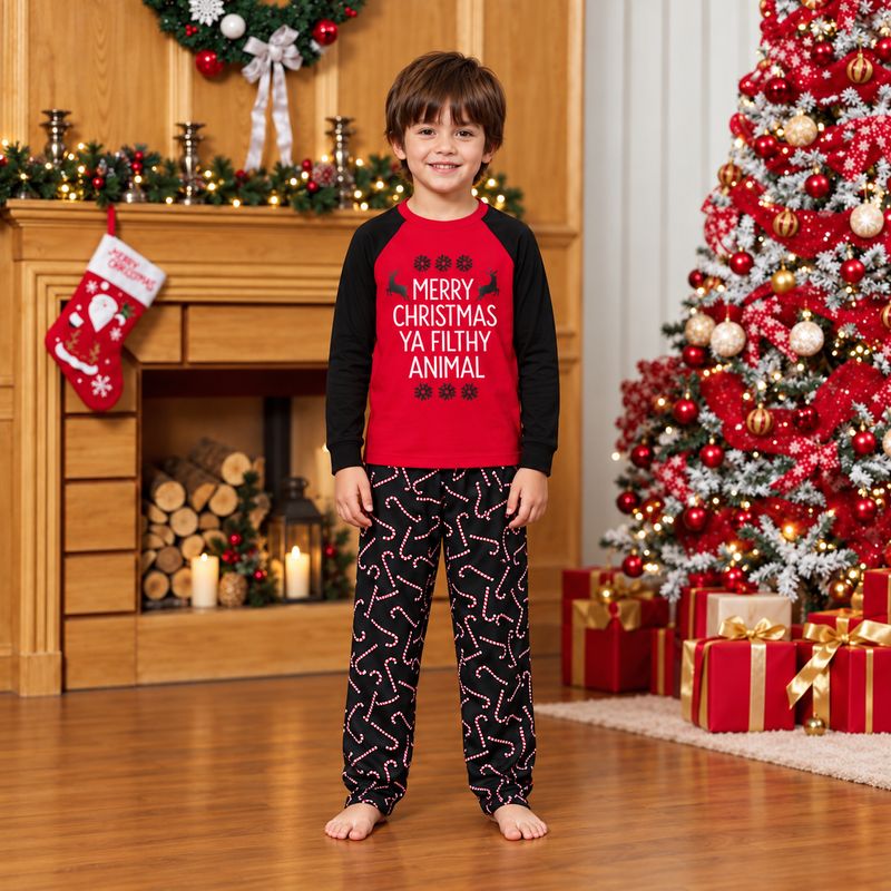 Holiday pajamas family set with red raglan slogan tee and black candy cane pajama pants - view 5